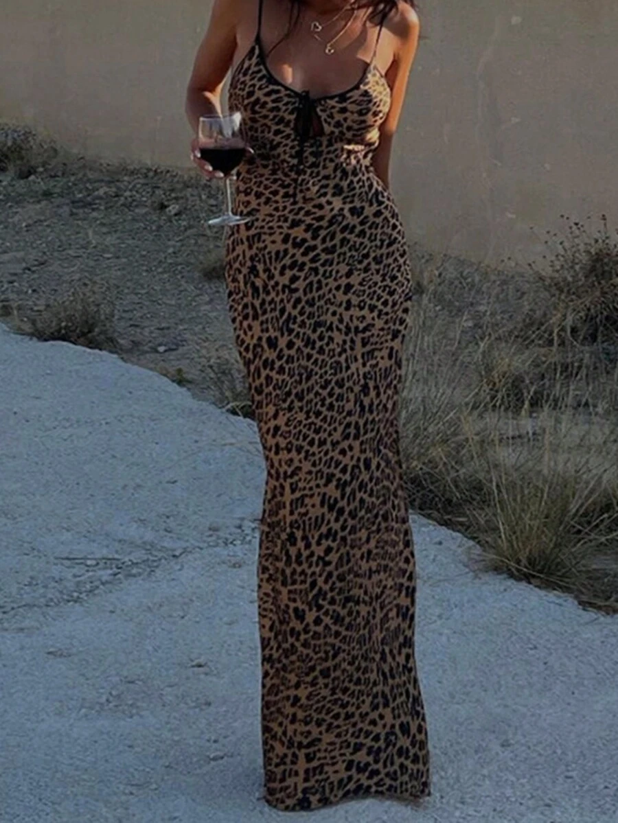 Sleeveless Leopard Print Dress, Fashionable Halter Neck, Sexy Backless And Tie-Up Design - Brown - View 1