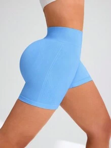 SHEIN Sports 女士固色簡約無縫高彈力運動瑜伽短褲，適合日常穿著 - 藍色 - 查看 4
