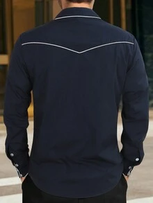 Men's Western Cowboy Embroidered Long Sleeve Commute Shirt - Navy Blue - View 2