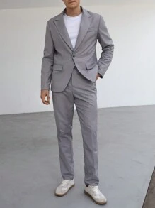 Manfinity Mode Men's Single-Button Blazer With Suit Pants, Suit Set - Grey - View 6