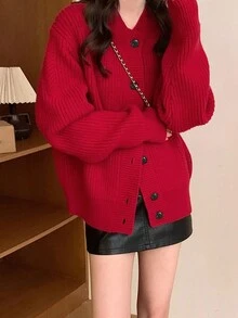 Women Casual Solid Color Loose Cardigan - Red - View 3