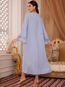 PalaceNights 撞色蕾丝细节睡衣连衣裙，睡袍长裙，奢华家居服，宽松睡裙，秋冬舒适优雅细节 - 淺藍色 - 查看 2