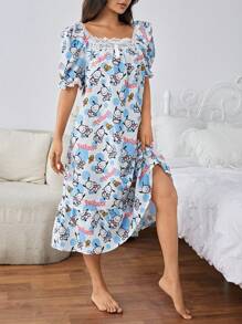 HELLO KITTY AND FRIENDS | SHEIN 舒適可愛全印花拼接花邊修飾女式夏季睡衣