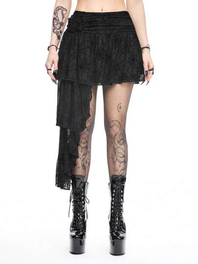 Goth Gonna asimmetrica da donna con design a ragnatela e fiori 3D