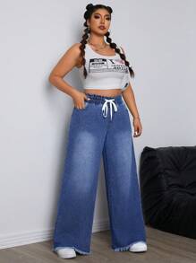 SHEIN ICON Plus Size Solid Color Drawstring Boyfriend Jeans With Pockets, Wide Leg And Straight Cut
