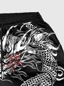 ROMWE MEN Street Life Men's Dragon Printed Breathable Basketball Shorts, 2 In 1 Design, Spring/Summer, School - Black - View 5
