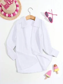 Tween女孩素色休閒和服開衫上衣