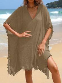 Swim Lushoire Women's Summer Beach Pom Pom Trim Loose Cover-Up Dress