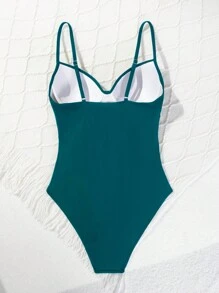SHEIN Swim 女士夏日海灘加強型一片式泳衣，帶有鋼絲，可提升胸部 - 霧霾藍 - 查看 5