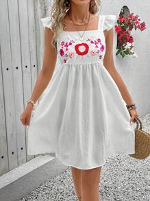 SHEIN VCAY Váy có đường viền cổ vuông mùa hè dành cho nữ Váy có mũ tay xếp nếp có họa tiết hoa thêu và thiết kế váy chữ A để mặc thường ngày và đi nghỉ - trắng - Xem 1