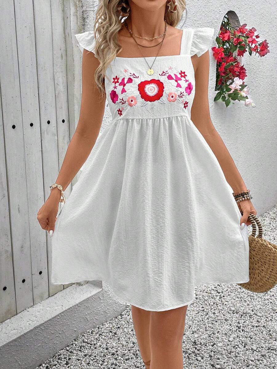 SHEIN VCAY Váy có đường viền cổ vuông mùa hè dành cho nữ Váy có mũ tay xếp nếp có họa tiết hoa thêu và thiết kế váy chữ A để mặc thường ngày và đi nghỉ - trắng - Xem 1