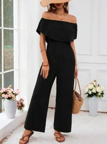 SHEIN VCAY Solid Color Open Shoulder Knitted Jumpsuit For Vacation - Black - View 5