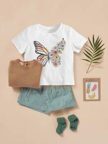 SHEIN Young Girl Casual Soft Knitted Butterfly Pattern Round Neck Short Sleeve T-Shirt - White - View 1