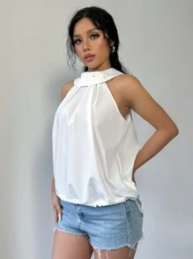 Chiquease Camisa sin mangas de cuello alto de unicolor con decoración metálica, verano - Blanco - Ver 1