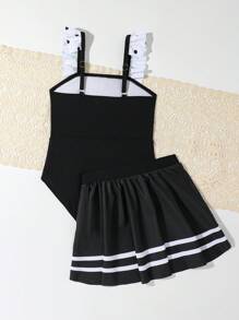 Einteiliger Badeanzug für Kleine Mädchen mit gepunktetem Muster und Zierteil für Strand im Sommer - Schwarz und Weiss - Übersicht 2
