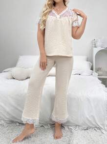 Earthy Tone Lace Trimmed Women's Pajama Set With V-Neckline And Small Buttoned Front Opening - Apricot - View 5