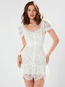 Enchnt 春冬女装夏季白色甜心领口短袖花卉刺绣蕾丝修身迷你连衣裙，甜美优雅的服装，适合情人节、圣诞派对、新年、生日、节日和甜蜜约会之夜 - 白色 - 查看 1