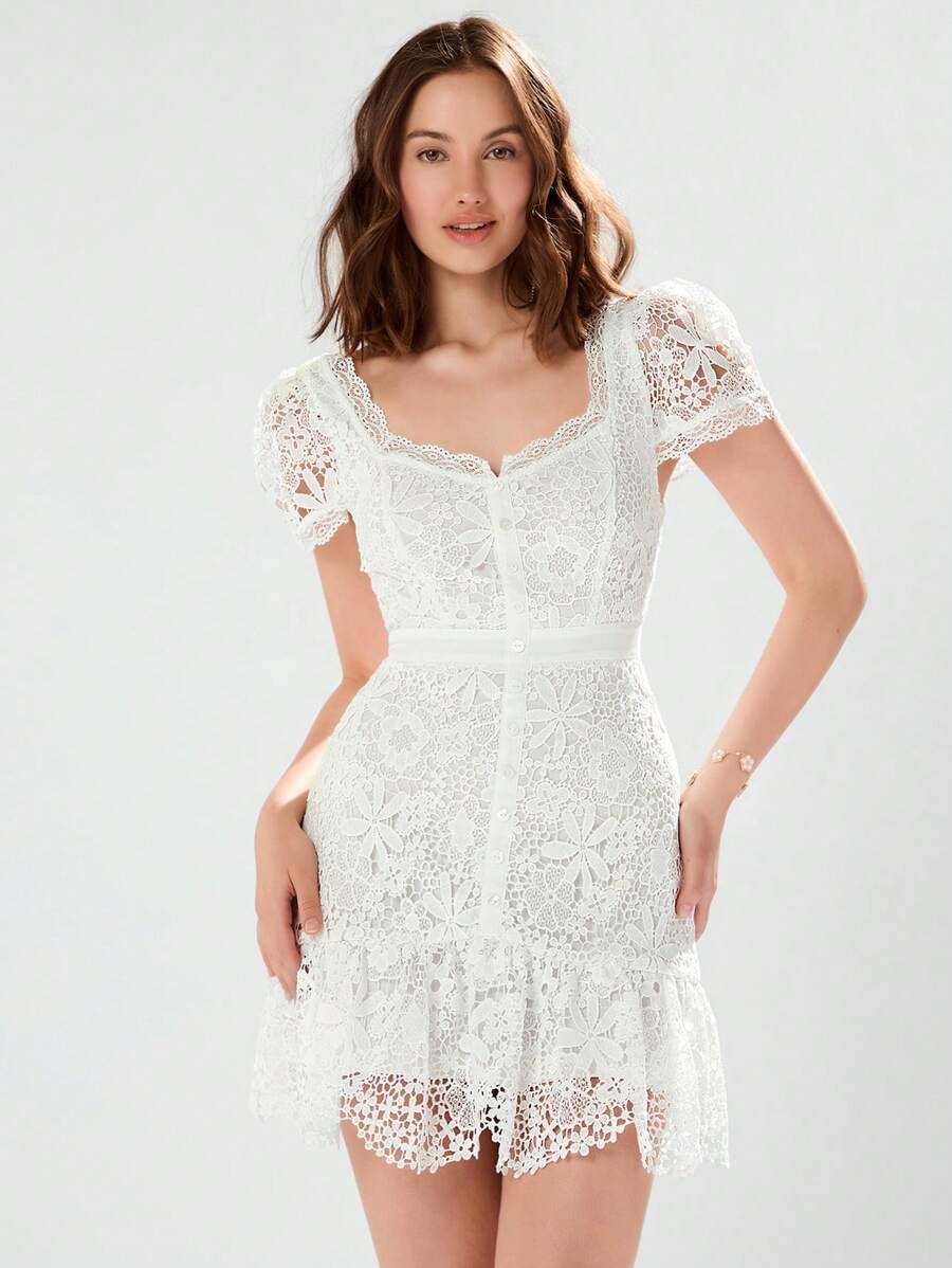 Enchnt 春冬女装夏季白色甜心领口短袖花卉刺绣蕾丝修身迷你连衣裙，甜美优雅的服装，适合情人节、圣诞派对、新年、生日、节日和甜蜜约会之夜 - 白色 - 查看 1