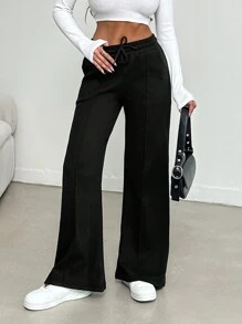 EURMUSE Women's Solid Color Drawstring Waist Long Pants - Black - View 5