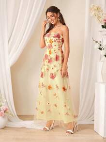 SHEIN Belle Đầm nữ có dây thêu thanh lịch - Màu vàng - Xem 4