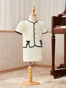 SHEIN 2入組年輕女孩蝴蝶結短袖西裝外套和裙子套裝，夏季 - 米色 - 查看 3