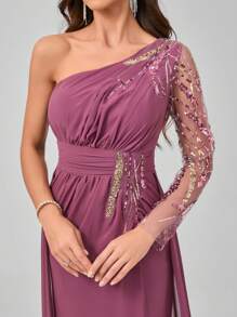 UNITHORSE One Shoulder Long Sleeve Heavy Crystal Beaded High Slit Evening Gown - Red Violet - View 8