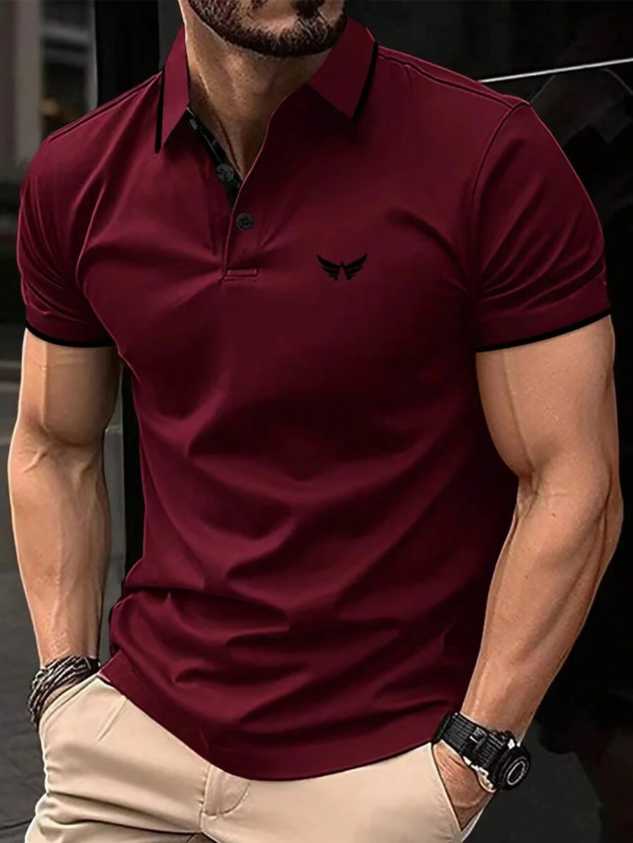 Manfinity Homme Men Wing Print Contrast Trim Polo Shirt , Collar Graphic Color Block Dark Red Polo Shirt , Work Fashion Dad And Me - Burgundy - View 1