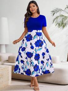 SHEIN Clasi Váy tay ngắn in hoa cỡ lớn có miếng vá, trang phục Maxi mùa hè cho nữ - Màu xanh lam - Xem 5