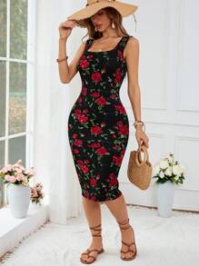 SHEIN VCAY Women's Elegant Holiday Knitted Sexy Red Rose Printed Pattern Classic Sleeveless Summer Dress Style Dress For Women Wedding Dresses Bodycon Long Vintage Dress,Dress To Impress,Vacation Outfits For Women