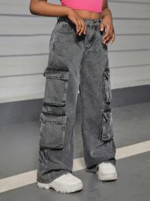 SHEIN Tween Girls Y2K Trendy Stonewashed Cintura Alta Perna Reta Cargo Jeans Com Bolsos De Aba Utilitários, Roupas De Calças De Verão Para Meninas