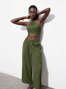 Maija Set de 2 piezas de outfit de viaje de crucero para mujer en color verde oliva, top halter y pantalones sueltos - Azul - Ver 5
