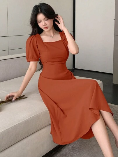 DAZY 女士时尚纯色泡泡袖中长款短袖连衣裙，收腰夏季太阳裙