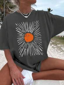 INAWLY Áo thun nữ cổ tròn tay ngắn in hình hoa hướng dương mùa hè, áo thun họa tiết, áo thun họa tiết cho nữ - Màu xám đen - Xem 1