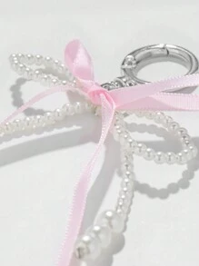 ROMWE Kawaii 1pc Korean Style Simple And Sweet Faux Pearl Pink Ribbon Bow Knot Pendant Keychain Keyring Bag Charm Valentines - Pink - View 7