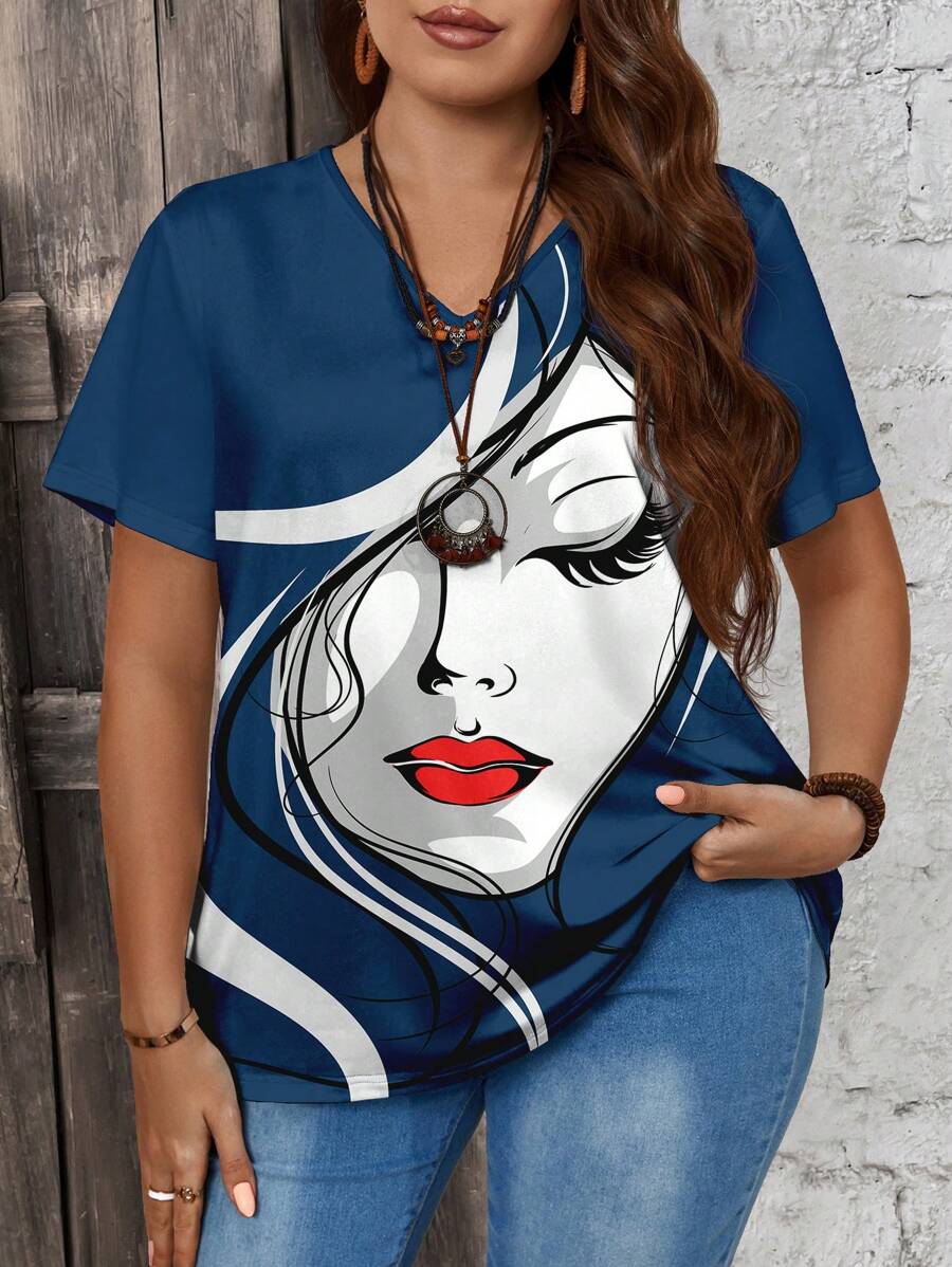 EMERY ROSE 大尺碼女士黑色短袖V領寬鬆T卹，夏季款