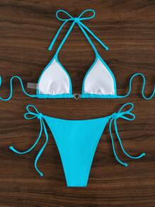 Swim SXY Women's Solid Color Halter Tie Sexy Bikini Set For Summer Beach - Blue - View 4