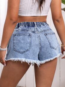 Breezaya Plus Size Summer Casual Distressed Frayed Hem Denim Shorts - Dark Wash - View 2