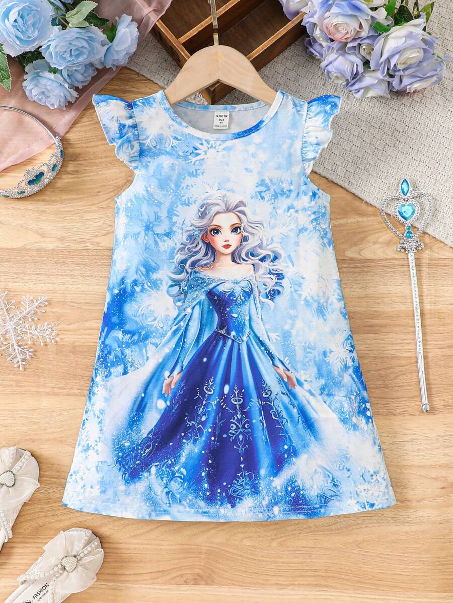 SHEIN Leap Crew 年轻女孩雪花公主印花女童睡裙舒适可爱风格无袖公主睡衣儿童舒适家居服圣诞节 - 藍白色 - 查看 1