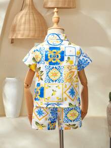 嬰兒男童夏季休閒復古印花短袖襯衫和短褲套裝 - 彩色 - 查看 2