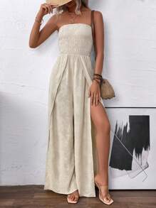 SHEIN Clasi Sarong recortado de unicolor para mujer con mono de pierna ancha y abertura lateral, perfecto para vacaciones y tiempo libre