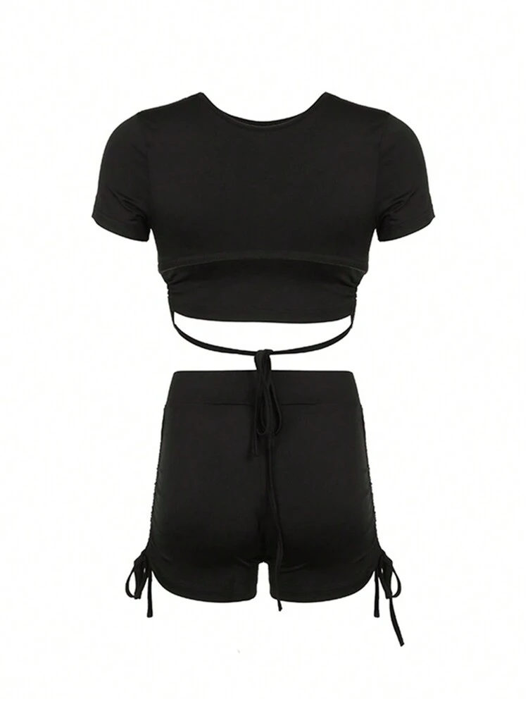Plus Size Sexy Solid Color Slim Fit Cropped Top With Drawstring Side Shorts 2 Pieces Set For Summer