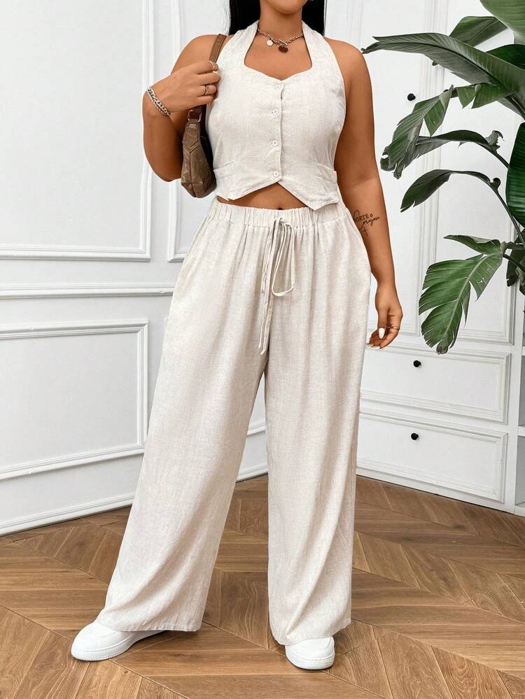 Plus Size Linen Vest & Wide Leg Pants Two Pieces Set
