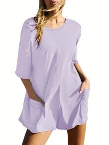 INAWLY Women's Plain Simple Daily Jumpsuit - Mauve Purple - View 3