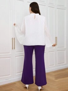 Modelyn Plus Size Women's Elegant Stand Collar High Slit Long Sleeve Top And Bell-Bottomed Pants Summer Two-Piece Set