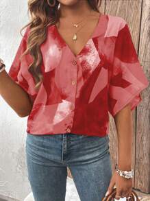 SHEIN LUNE Sommerliches Freizeithemd mit Knopf-Details und Kontrastfarben am V-Ausschnitt