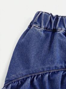 YOUNG GIRL Casual Cute Raw Hem Denim Shorts With Mushroom-Shaped Edges, Medium Blue Wash - Medium Wash - View 3