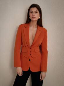 Aveloria Modichic Solid Color Buttoned Waist Belt Pocketed Slimming Long Sleeve Blazer