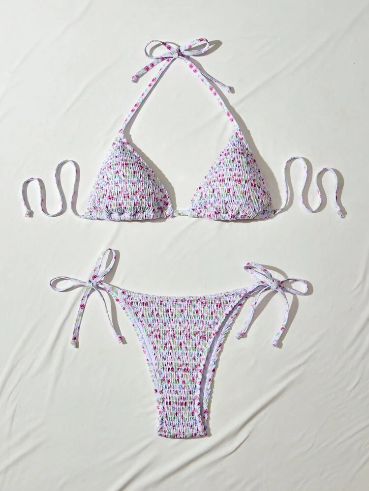 Women's Summer Beach Ditsy Shirred Floral Halter Neck Tie Sexy Bikini Set