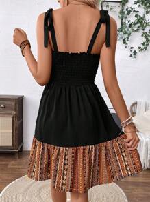 Breezaya Contrast Color Spliced Shirred Dress With A Tie