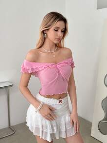 SHEIN ICON Women's Solid Color Off Shoulder Ruffle Diamond-Studded Lace Top